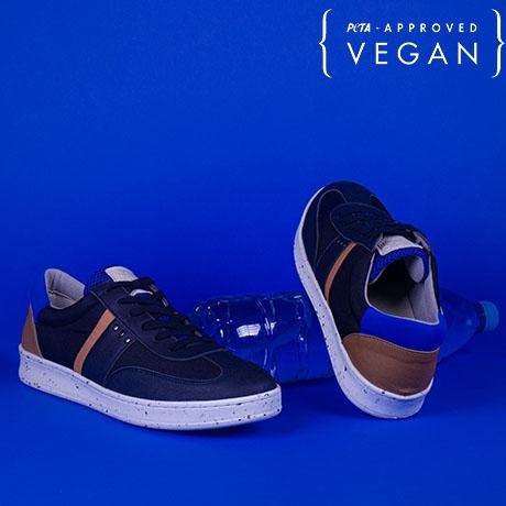 ME.LAND VIVACE vegan and recycled sneaker in navy, blue and cognac front and side
